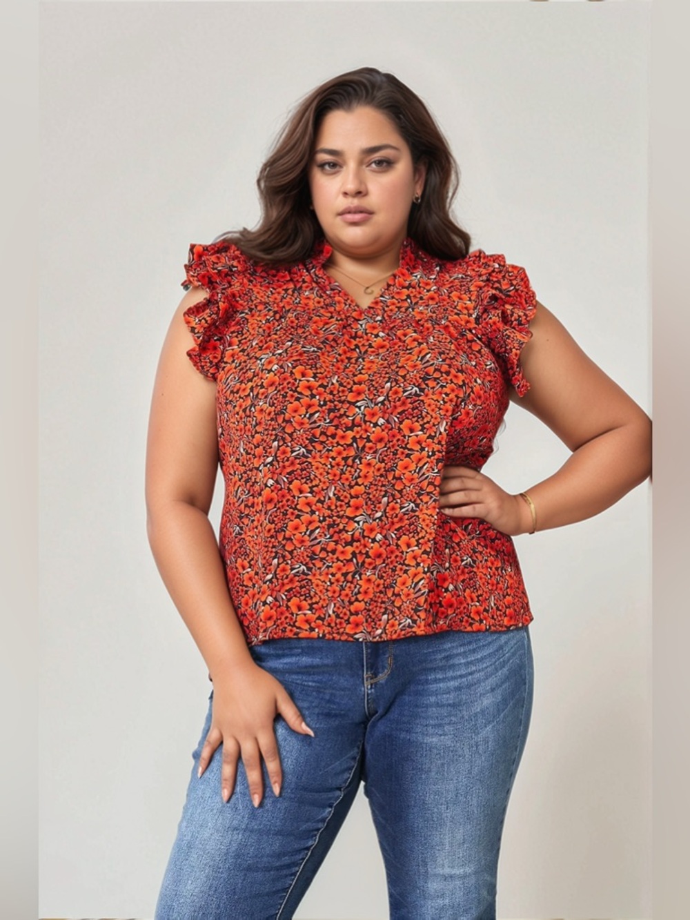 Double Take Floral Flutter Sleeve Notched Neck Blouse - Picture 11 of 12